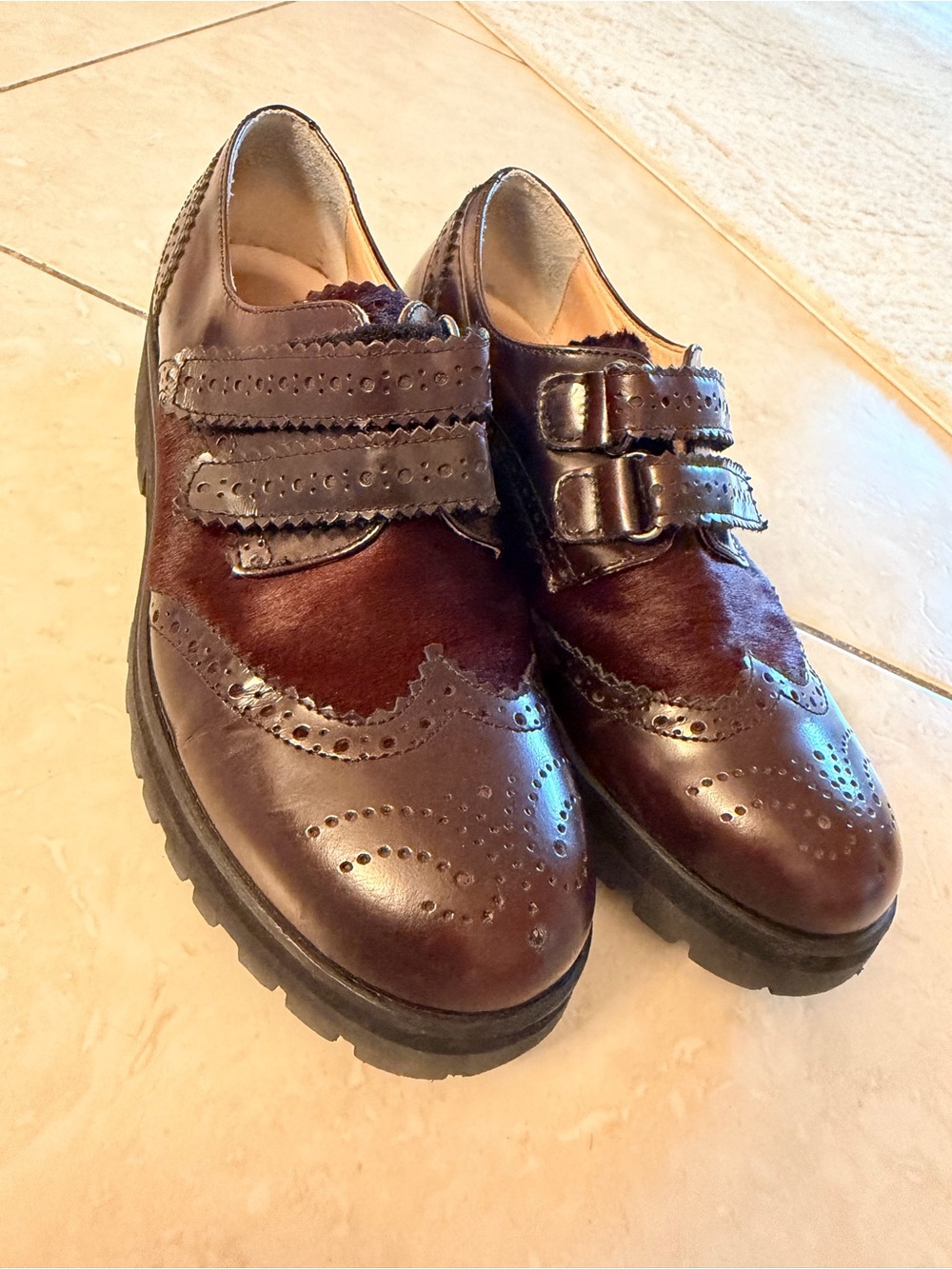 Ermanno Scervino Kids Burgundy Leather Wingtip Double-Strap Oxfords